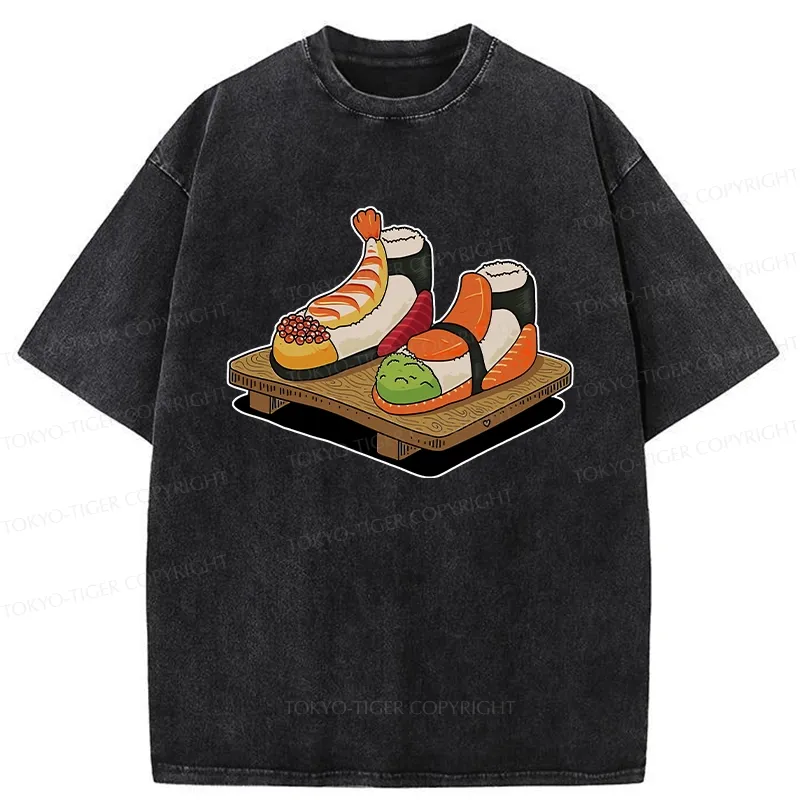 Tokyo-Tiger Funny Sushi Shoes Washed T-Shirt