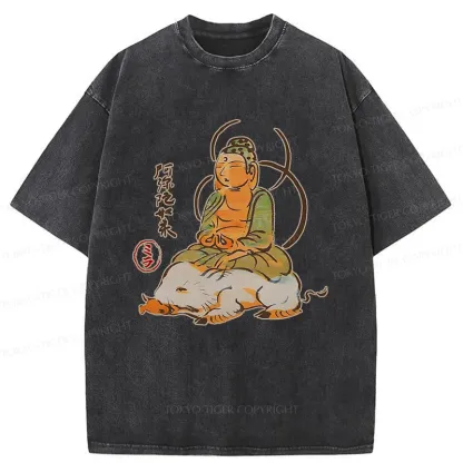 Tokyo-Tiger Buddha Riding A Pig Washed T-Shirt