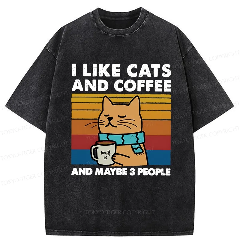 Tokyo-Tiger I Like Cats And Coffee Washed T-Shirt
