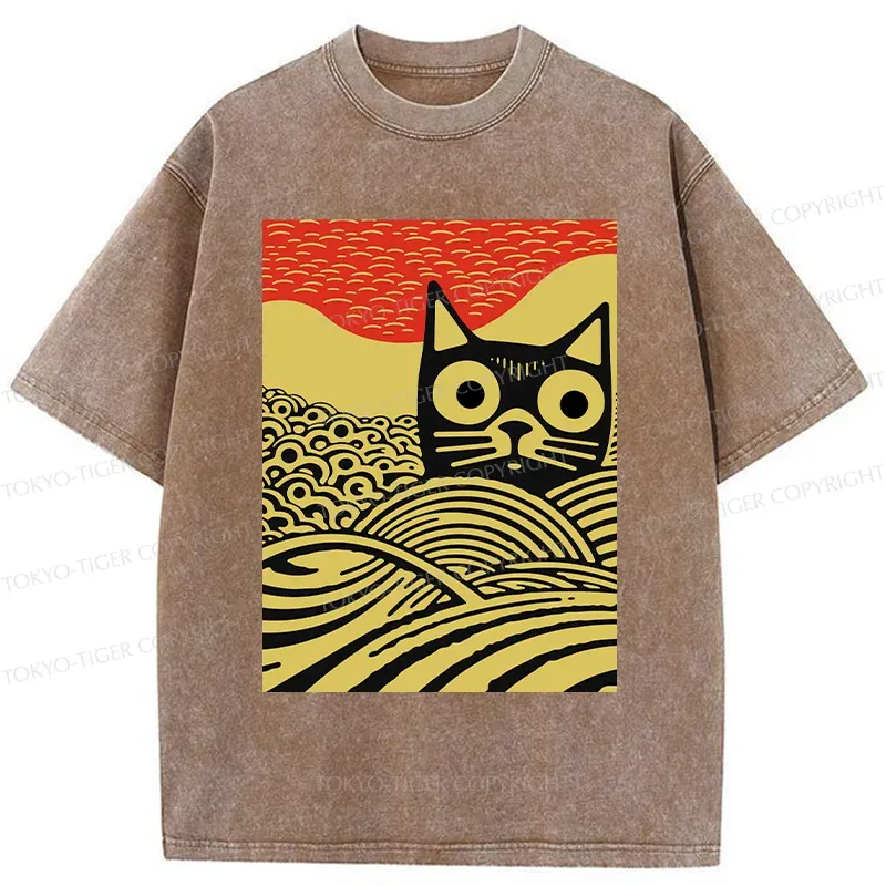 Tokyo-Tiger Woodcut Cat and Wave Washed T-Shirt
