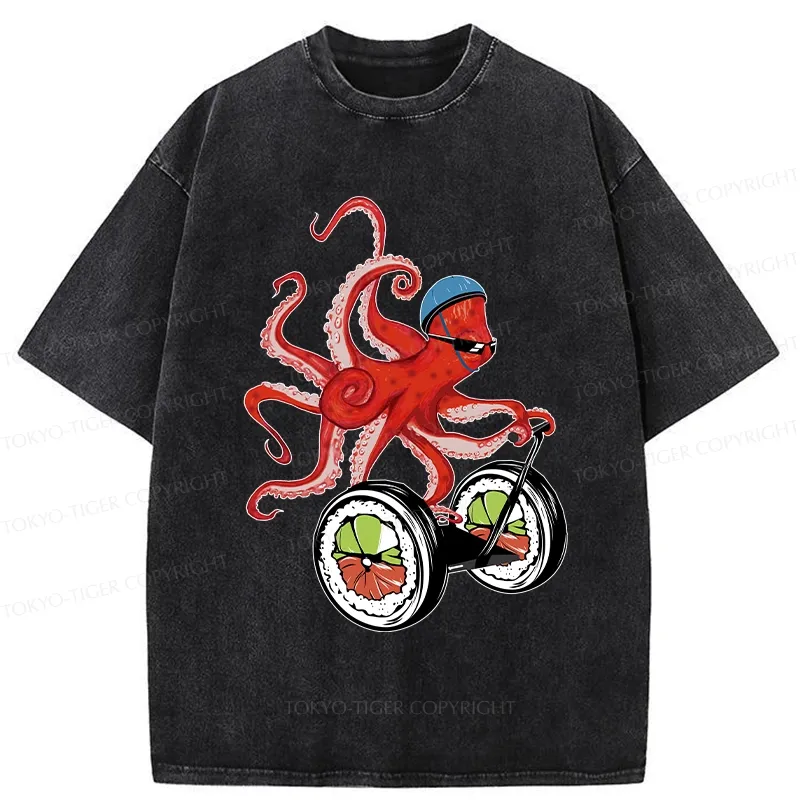 Tokyo-Tiger Octopus Riding A Sushi Cart Washed T-Shirt
