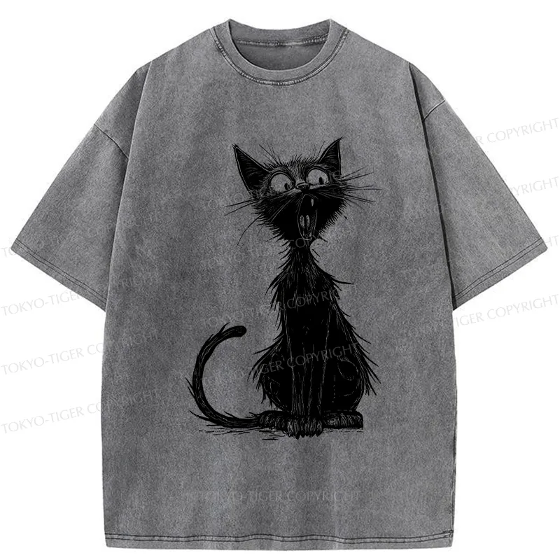 Tokyo-Tiger Surprised Black Cat Washed T-Shirt
