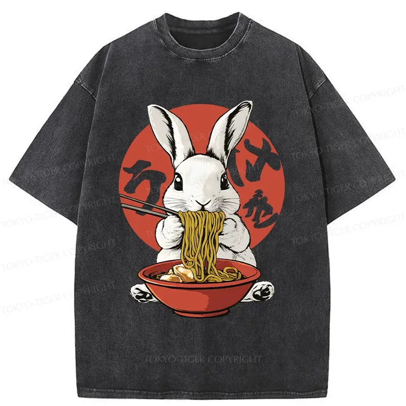 Tokyo-Tiger Rabbit Eating Ramen Washed T-Shirt