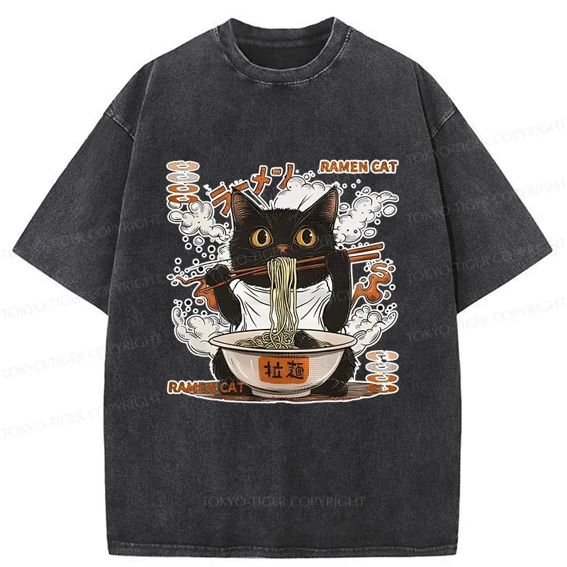 Tokyo-Tiger Cat Chef Eating Ramen Washed T-Shirt