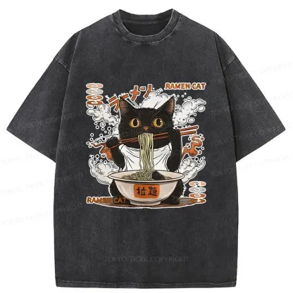 Tokyo-Tiger Cat Chef Eating Ramen Washed T-Shirt