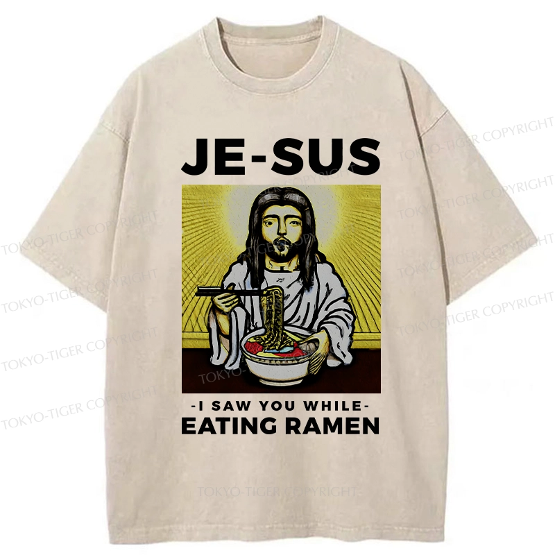 Tokyo-Tiger Jesus Eating Ramen Washed T-Shirt