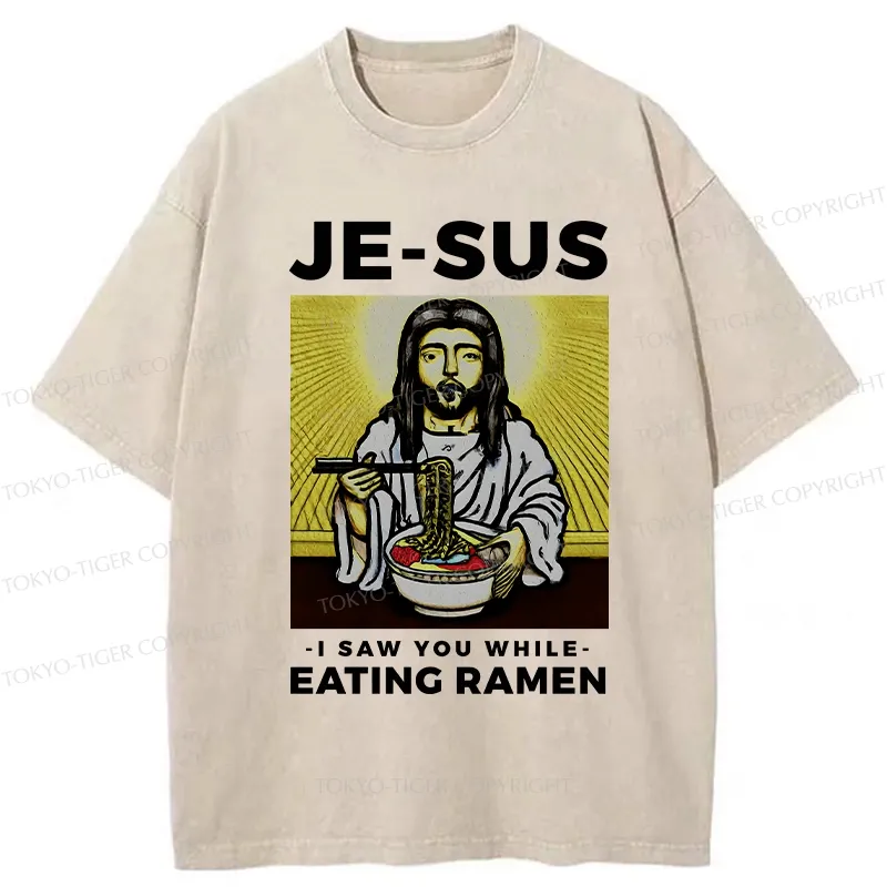 Tokyo-Tiger Jesus Eating Ramen Washed T-Shirt