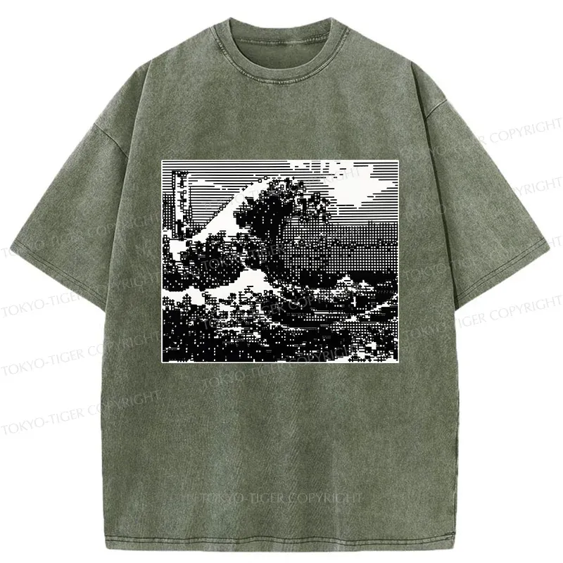 Tokyo-Tiger Black And White Ukiyoe Wave Washed T-Shirt