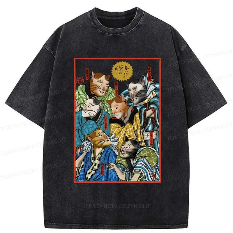 Tokyo-Tiger Japanese Ukiyo-e Cats Washed T-Shirt