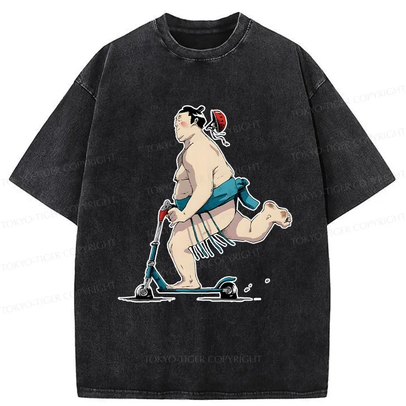 Tokyo-Tiger Sumo On A Scooter Washed T-Shirt