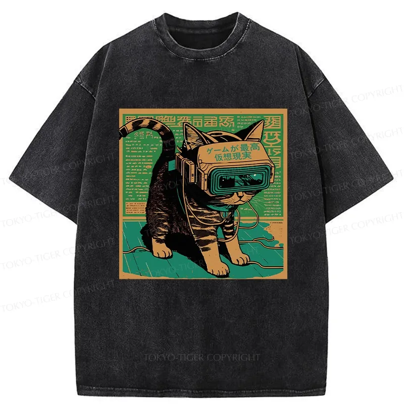 Tokyo-Tiger Cyberpunk Sci-Fi Cat Washed T-Shirt