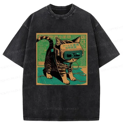 Tokyo-Tiger Cyberpunk Sci-Fi Cat Washed T-Shirt