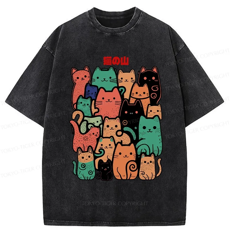 Tokyo-Tiger Funny Cat Mountain Washed T-Shirt