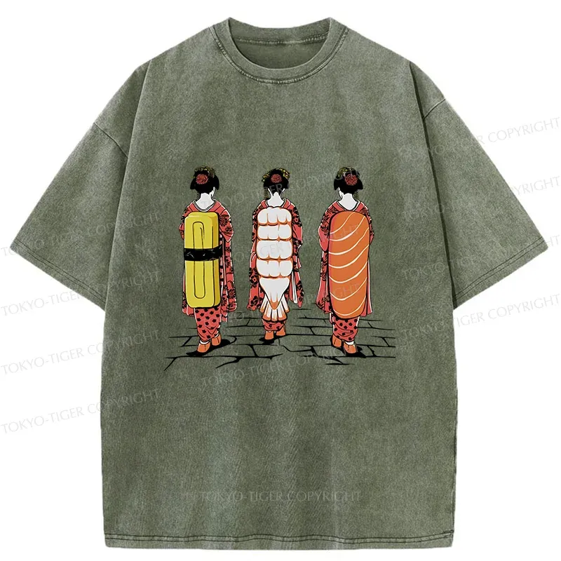 Tokyo-Tiger Sushi Japanese Girl Washed T-Shirt