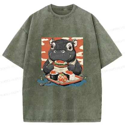 Tokyo-Tiger Moo Deng Eat Sushi Washed T-Shirt
