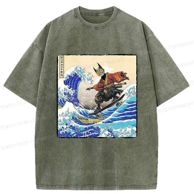Tokyo-Tiger Surfing Machine Cat Washed T-Shirt