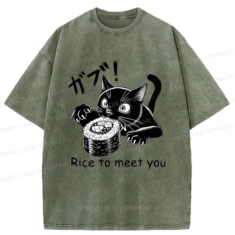 Tokyo-Tiger Fierce Cat Eating Sushi Washed T-Shirt
