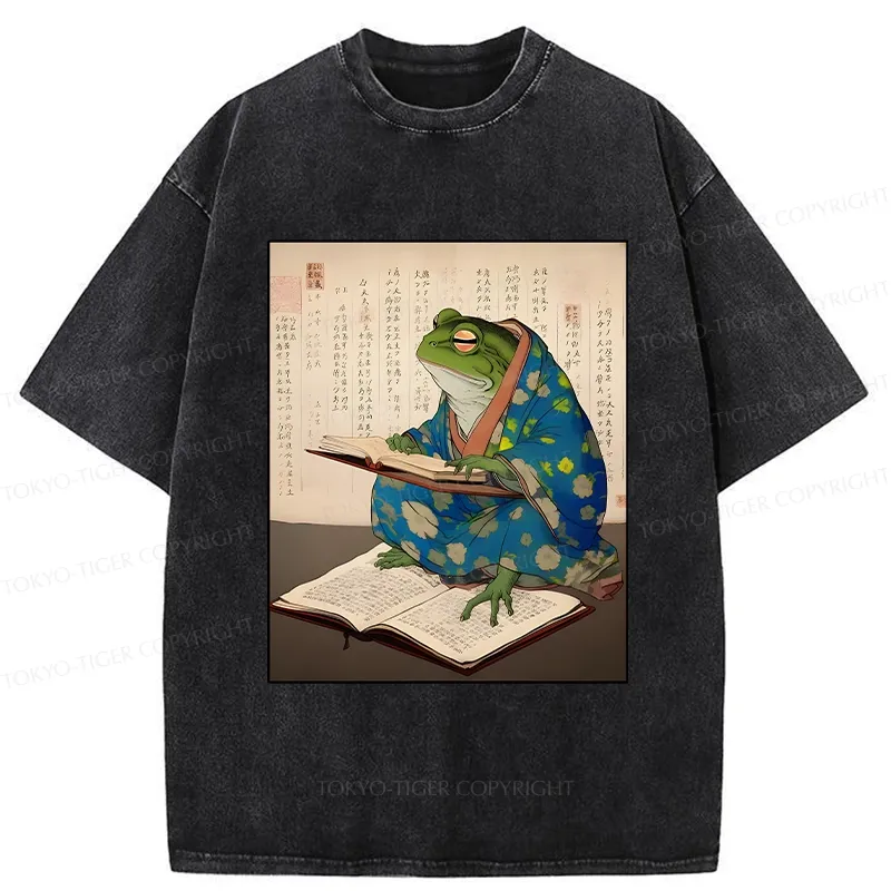 Tokyo-Tiger Frog Reading Japanese Washed T-Shirt