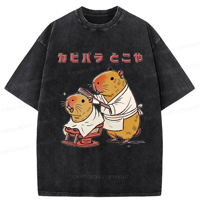 Tokyo-Tiger Funny Capybara Barber Washed T-Shirt