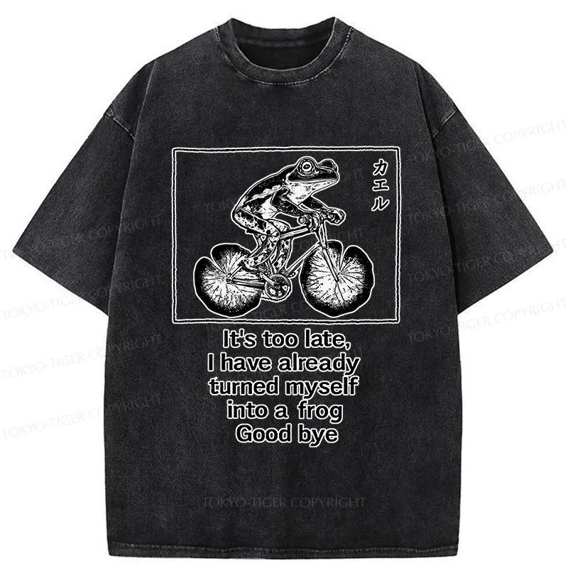 Tokyo-Tiger Funny Frog Riding A Bicycle Washed T-Shirt