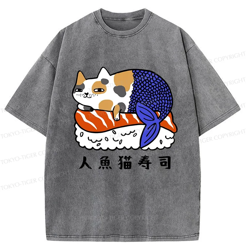 Tokyo-Tiger Mermaid Cat Sushi Washed T-Shirt