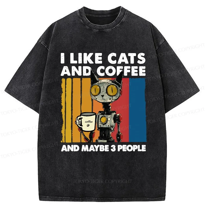 Tokyo-Tiger I Like Robot Cats And Coffee Washed T-Shirt