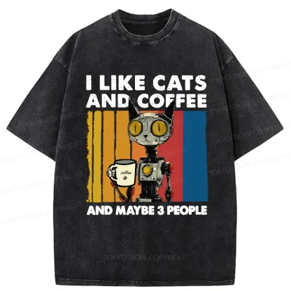 Tokyo-Tiger I Like Robot Cats And Coffee Washed T-Shirt