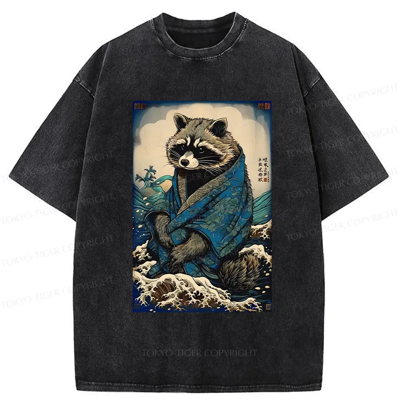 Tokyo-Tiger Raccoon And Waves Washed T-Shirt