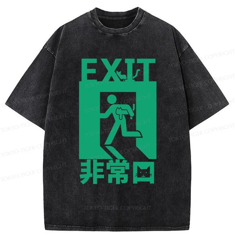 Tokyo-Tiger Funny Cat Exit Washed T-Shirt