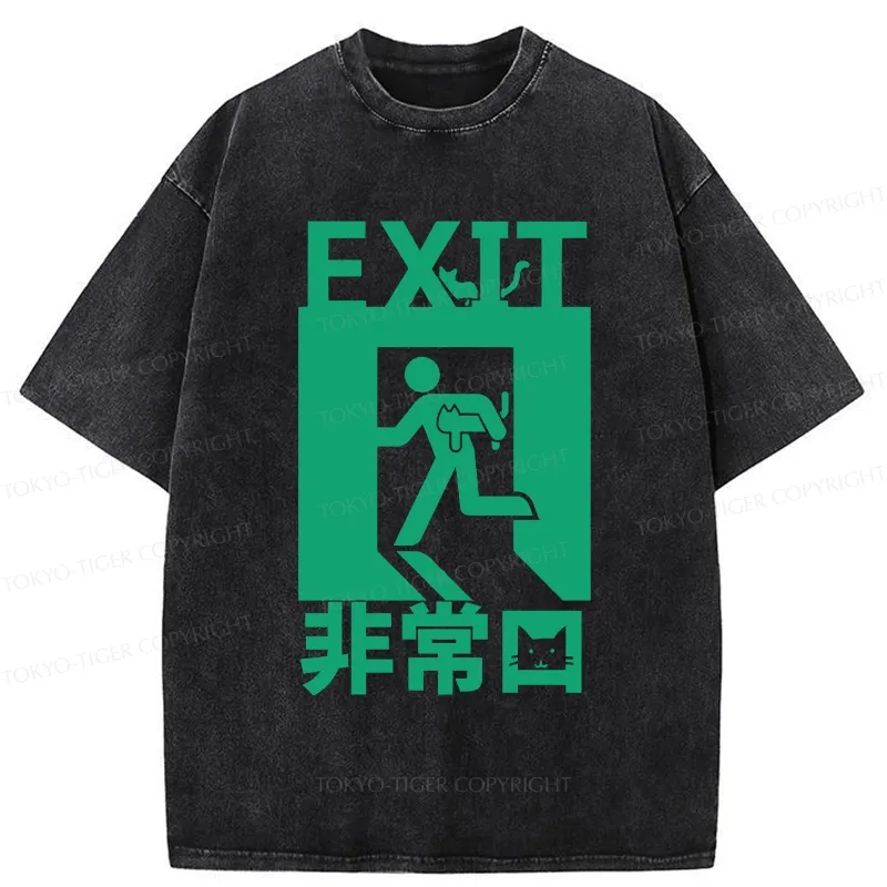 Tokyo-Tiger Funny Cat Exit Washed T-Shirt Sale