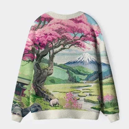 Tokyo-Tiger Mount Fuji In Spring Ugly Cardigan Sweater