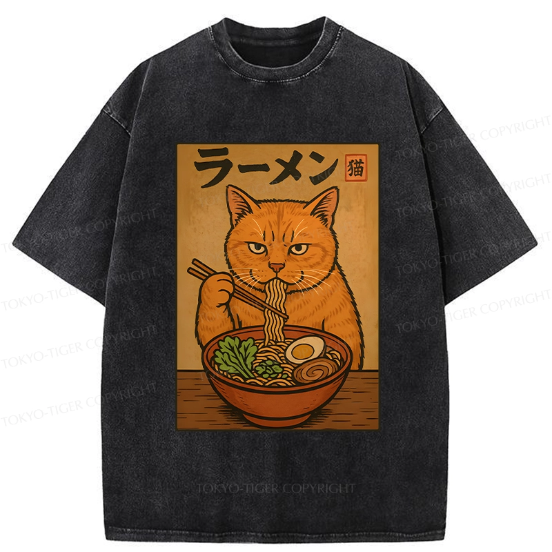 Tokyo-Tiger Ramen Obsessed Cute Cat Washed T-Shirt