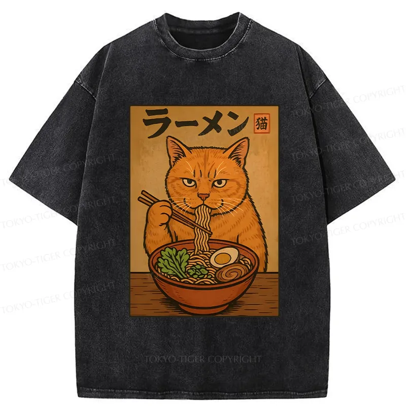 Tokyo-Tiger Ramen Obsessed Cute Cat Washed T-Shirt Sale