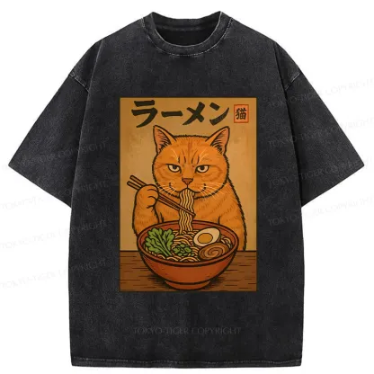 Tokyo-Tiger Ramen Obsessed Cute Cat Washed T-Shirt