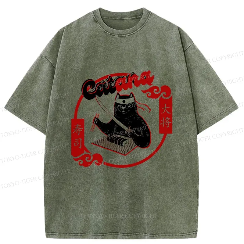 Tokyo-Tiger Cat Sushi Chef Washed T-Shirt
