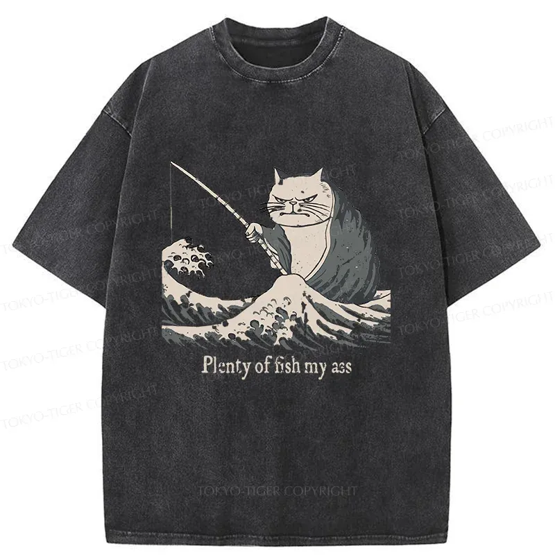Tokyo-Tiger Kitten Fishing Funny Washed T-Shirt