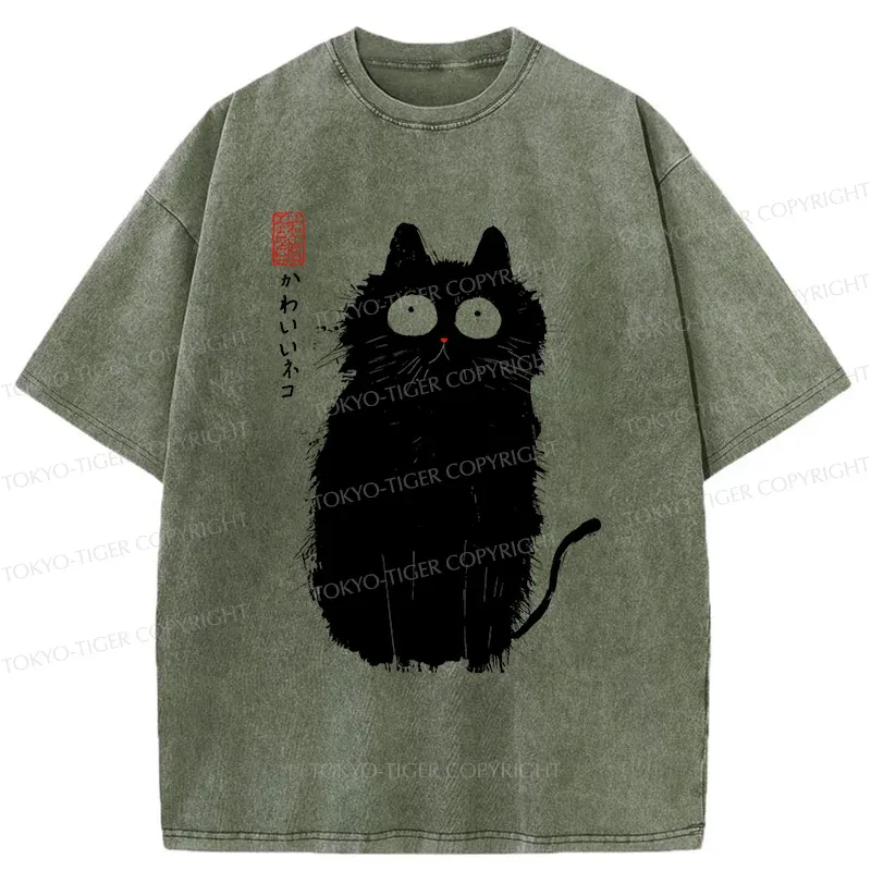 Tokyo-Tiger Black Cat With Puffed-up Fur Washed T-Shirt