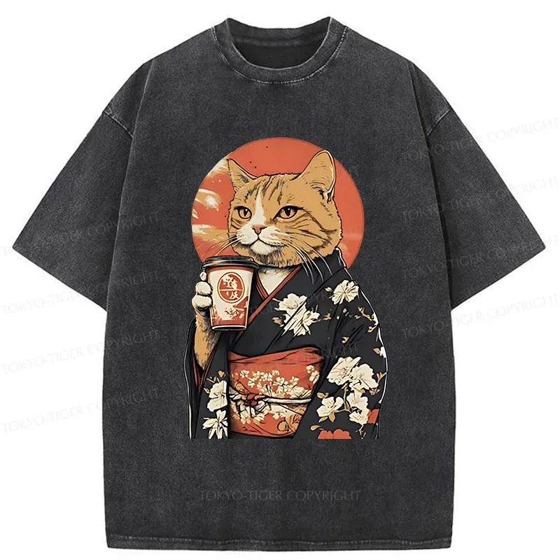Tokyo-Tiger Cat Drinking Coffee Washed T-Shirt
