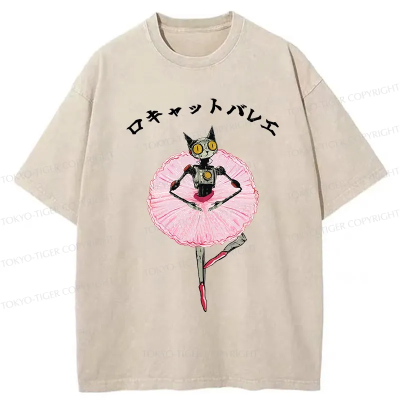 Tokyo-Tiger Ballet Dancing Robot Cat Washed T-Shirt Sale