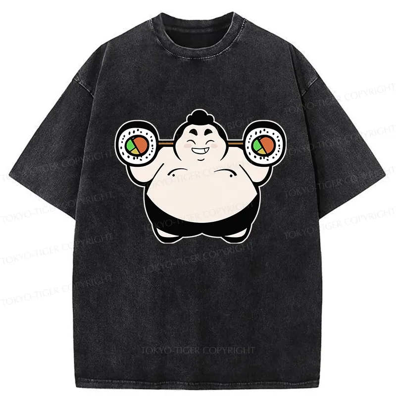 Tokyo-Tiger Funny Sumo Wrestler Lifting Sushi Barbell Washed T-Shirt