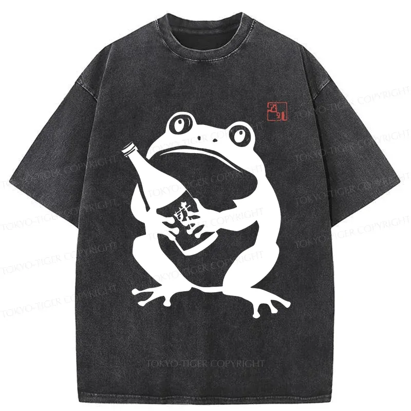 Tokyo-Tiger Retro Frog Holding Wine Washed T-Shirt