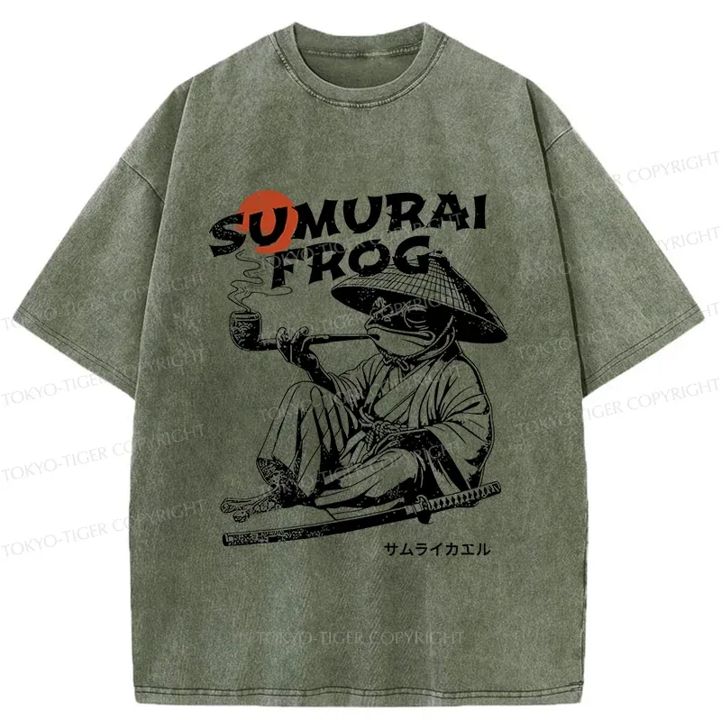 Tokyo-Tiger Samurai Frog Funny Washed T-Shirt
