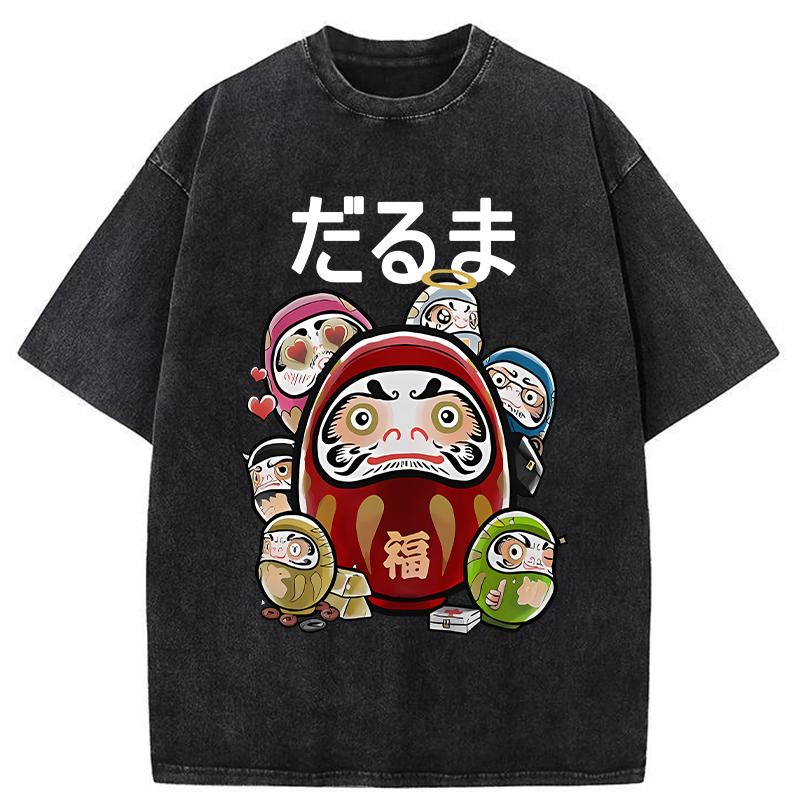 Tokyo-Tiger Colorful Daruma Dolls Washed T-Shirt