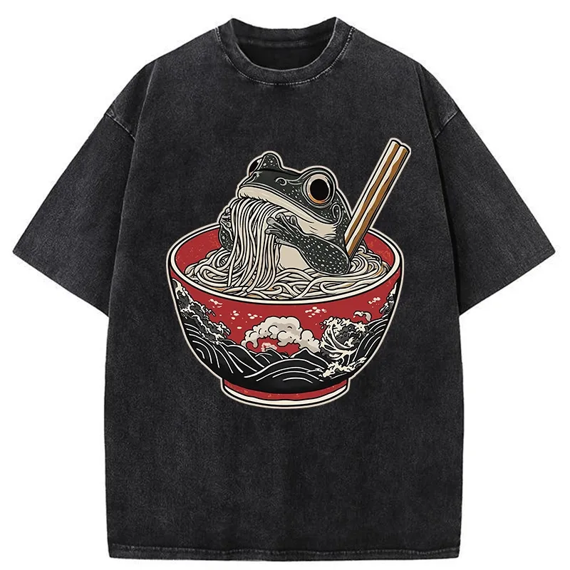Tokyo-Tiger Funny Frog Eating Ramen In A Bowl Washed T-Shirt