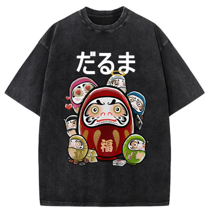 Tokyo-Tiger Colorful Daruma Dolls Washed T-Shirt