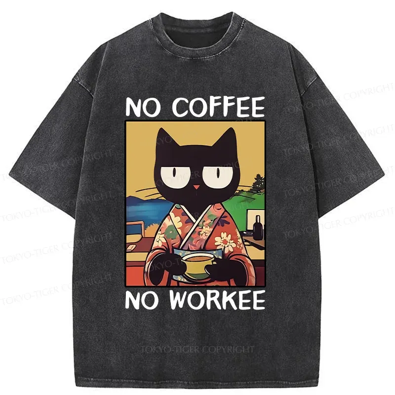 Tokyo-Tiger Cat Drinking Coffee Washed T-Shirt