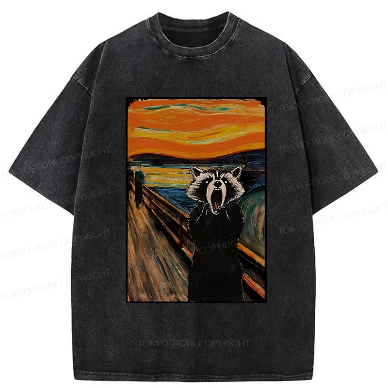 Tokyo-Tiger Funny Screaming Raccoon Washed T-Shirt