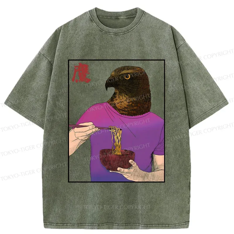 Tokyo-Tiger Eagle Eating Ramen Washed T-Shirt