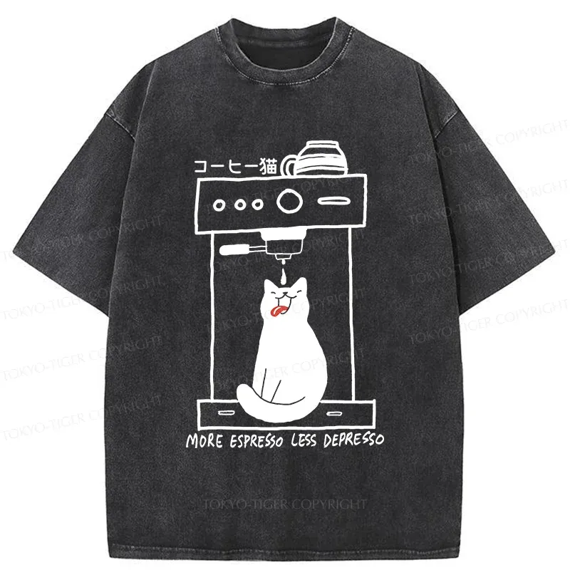 Tokyo-Tiger Cat Drinking Coffee Washed T-Shirt