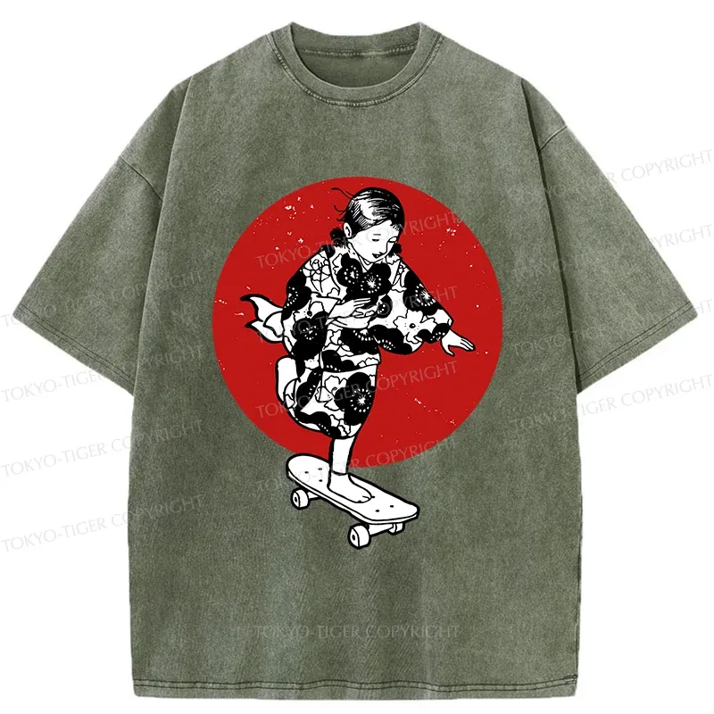 Tokyo-Tiger Kid On Skateboard Washed T-Shirt